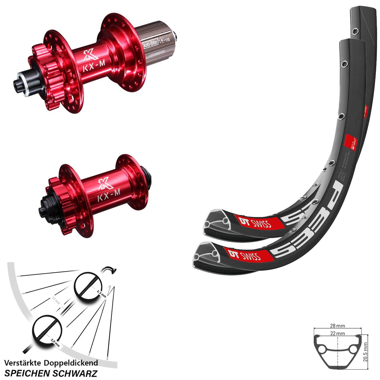 Laufradsatz 6-Loch 28-29 Zoll DT Swiss 533d KX-M rot 8-12 fach HG QR