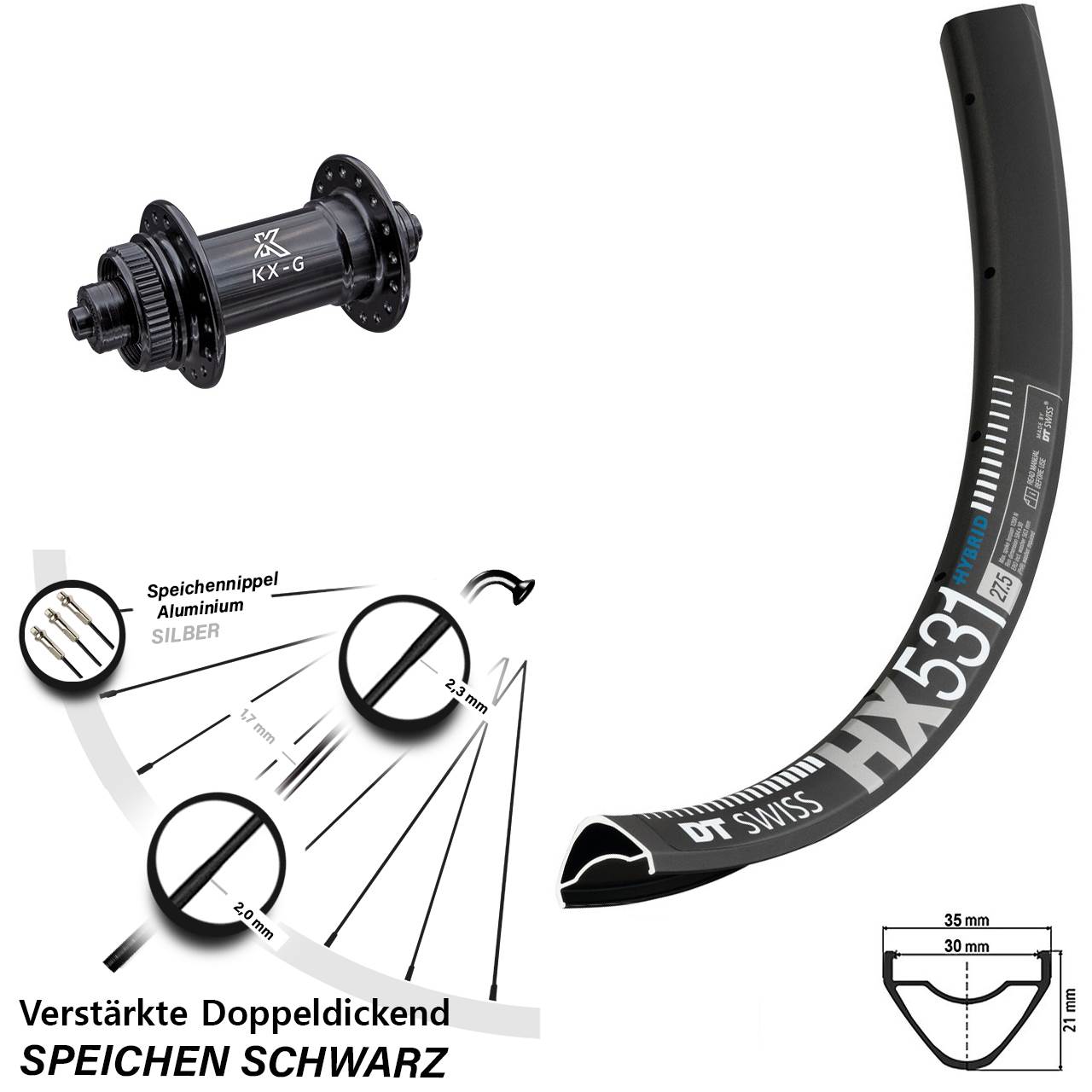 DT Swiss HX 531 KX-G 29 Zoll Vorderrad Centerlock für Schnellspanner