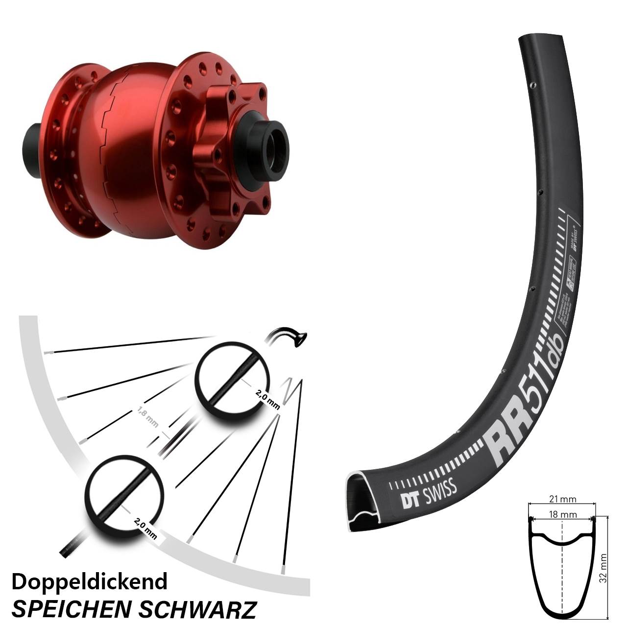 Nabendynamovorderrad 6-Loch 28 Zoll DT Swiss RR 511 SON 28 rot 15x100