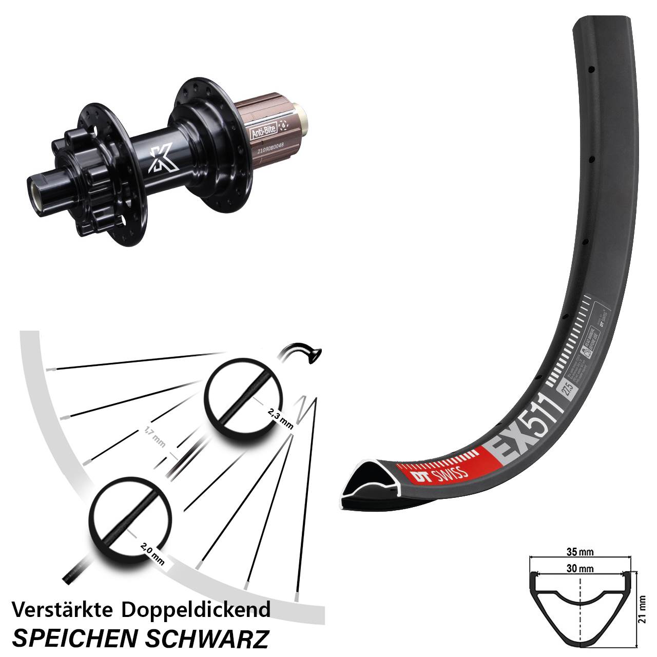 Disc Hinterrad 29 Zoll DT Swiss EX511 KX-M Shimano Anti-Bite 8-12 fach 12x142