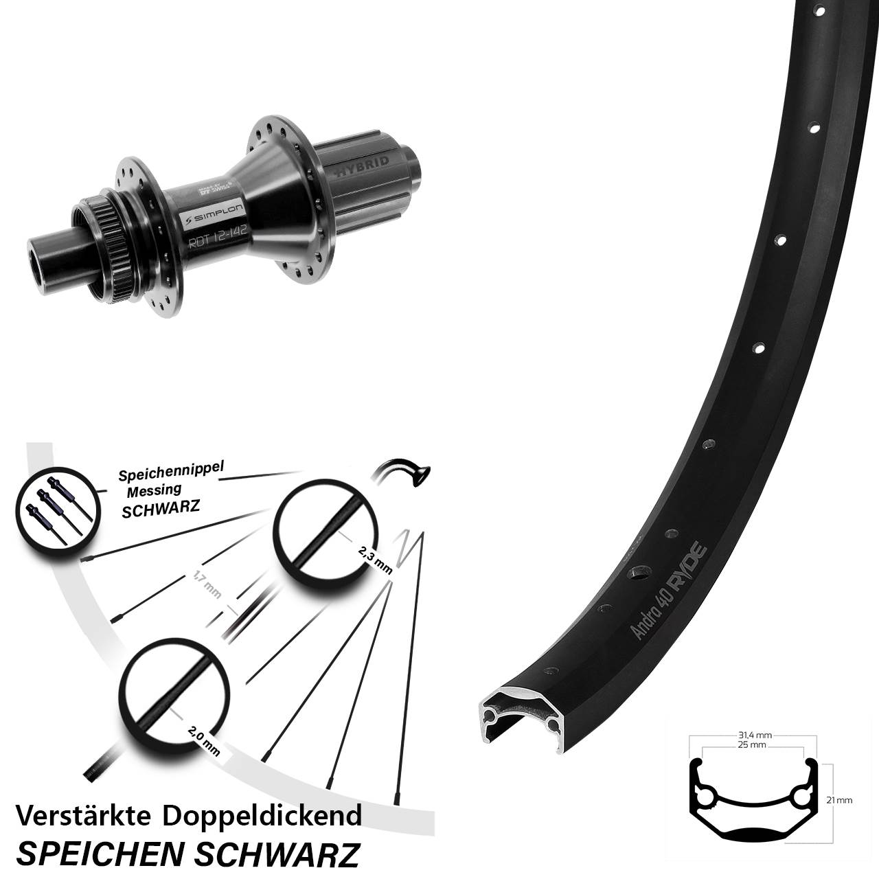 26 Zoll Ryde Andra 40 DT Swiss 370 Hybrid Disc Hinterrad 12x142 8-11 fach HG