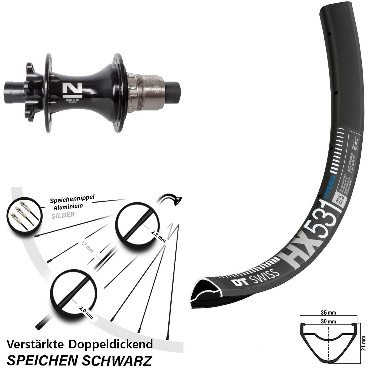 27,5 Zoll DT Swiss HX 531 Novatec D462SB Disc Hinterrad 12x148 SRAM XD