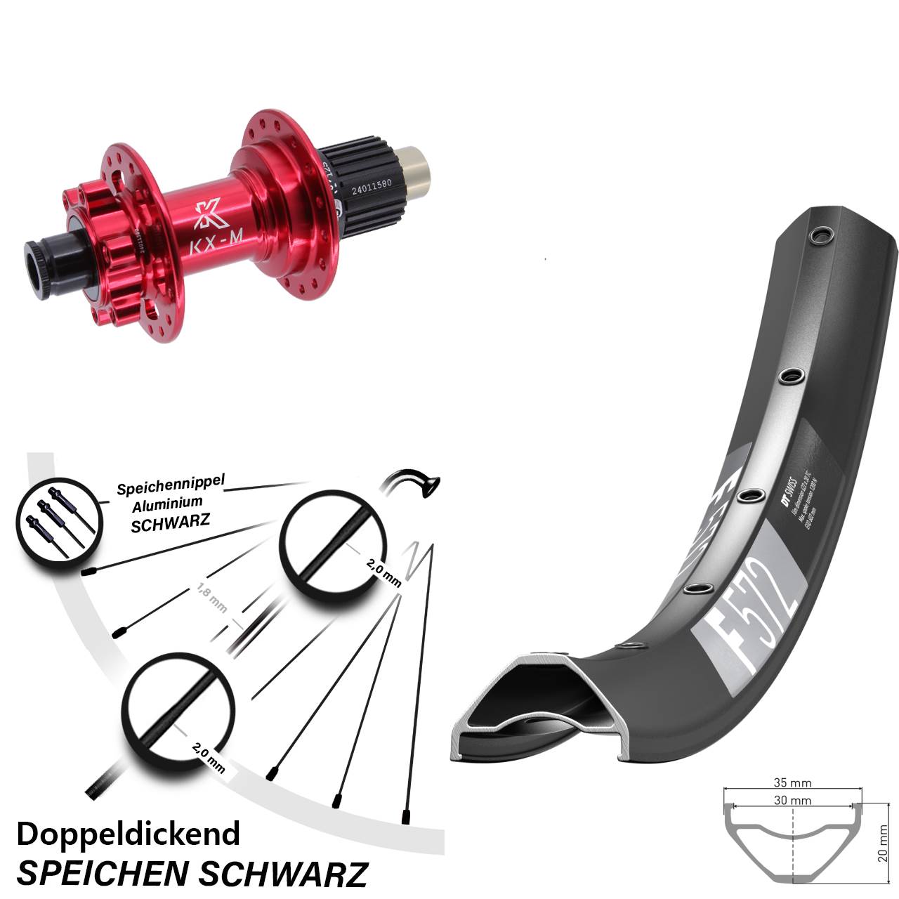 27,5 Zoll DT Swiss F572 Hinterrad KX-M rot Micro Spline 12x142
