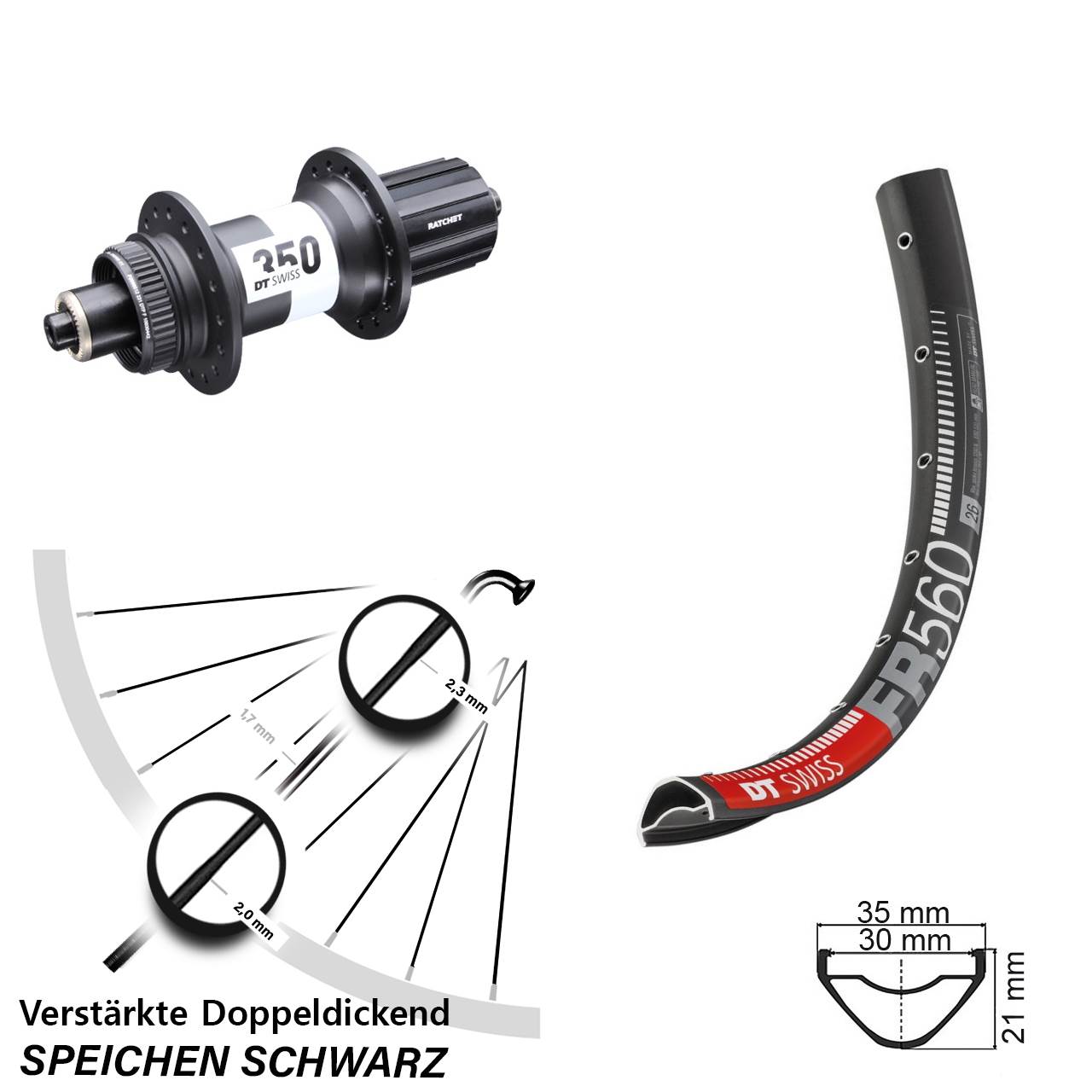 26 Zoll DT Swiss FR 560-350 Ratchet 36 Hinterrad Centerl. QR 8-11 fach HG