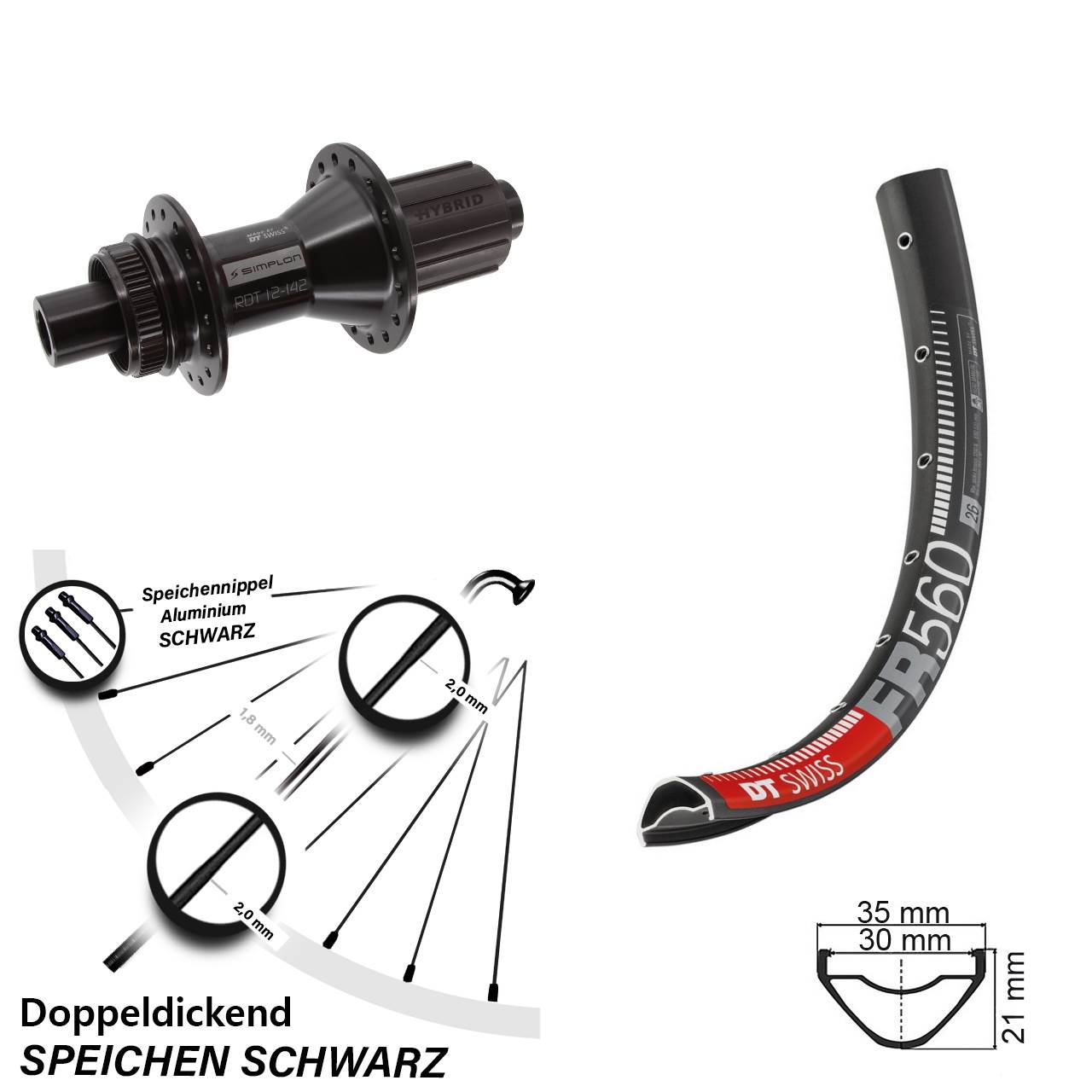 Centerlock Hinterrad 12x142 26 Zoll DT Swiss FR 560-370 Hybrid 8-11 fach