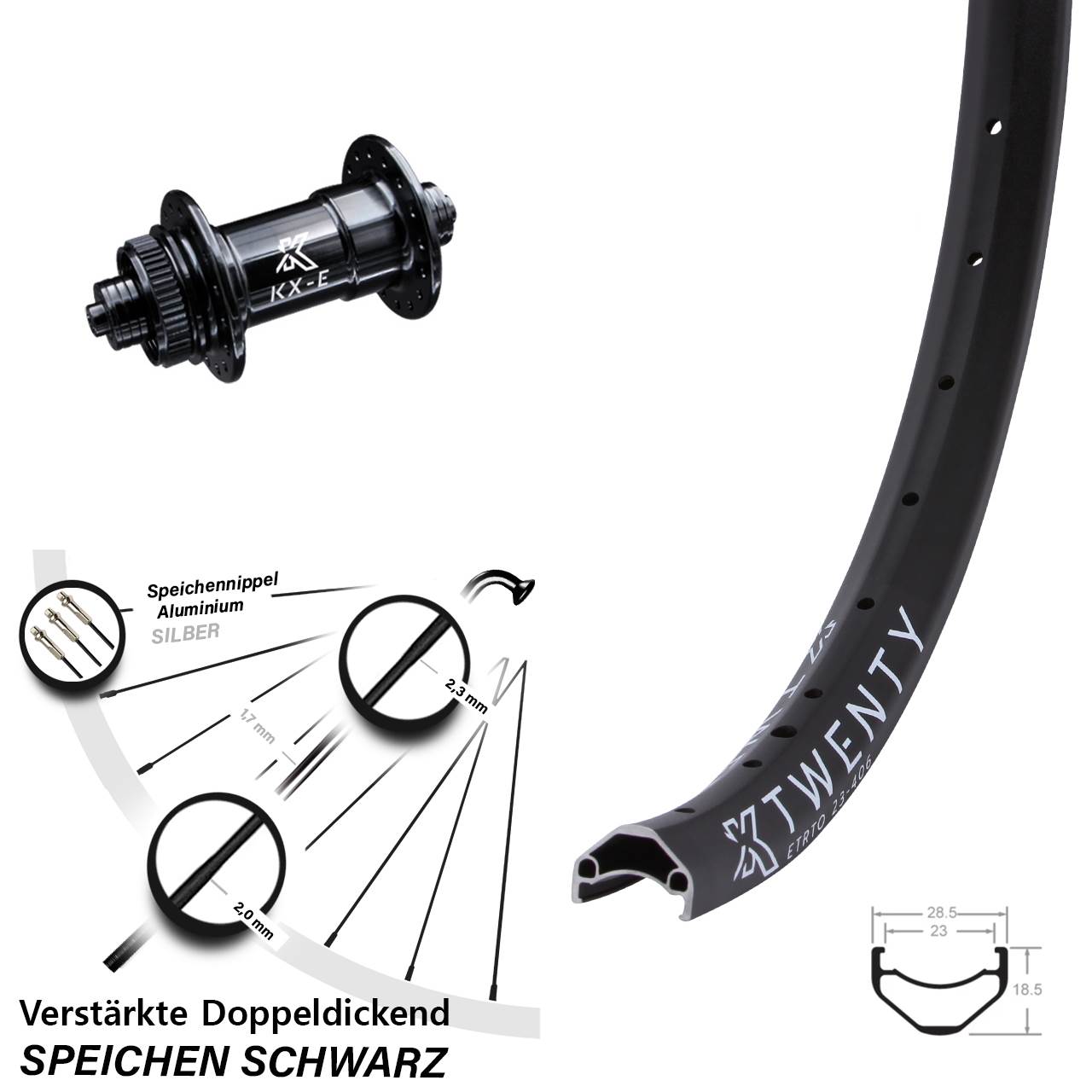 20 Zoll Lastenrad Vorderrad Centerlock schwarz KX-E Twenty für Cargo Light Schnellspanner