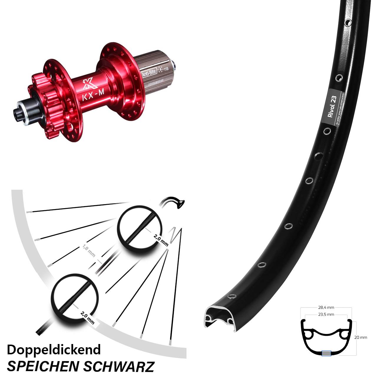 27,5 Zoll Ryde Rival 23 KX-M rot 6-Loch Hinterrad für Schnellspanner 8-12 fach HG