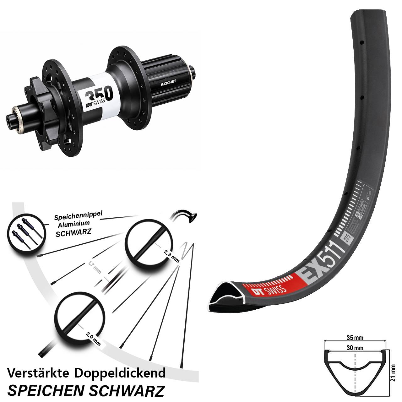 Hinterrad 6-Loch 29 Zoll DT Swiss EX511-350 Ratchet 36 8-11 fach für Schnellsp.
