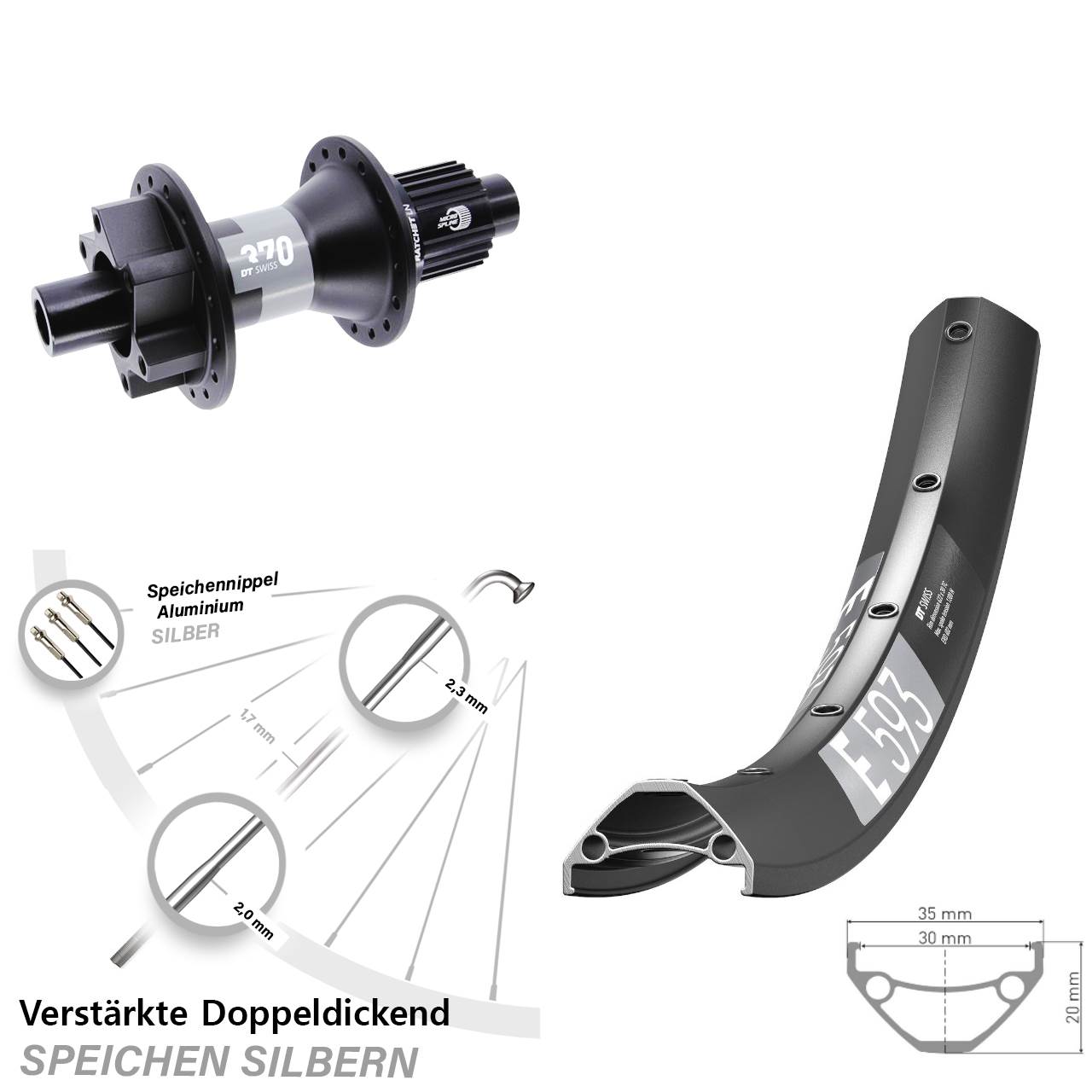 29 Zoll DT Swiss E 593-370 Hinterrad 6-Loch 12x142 Micro Spline
