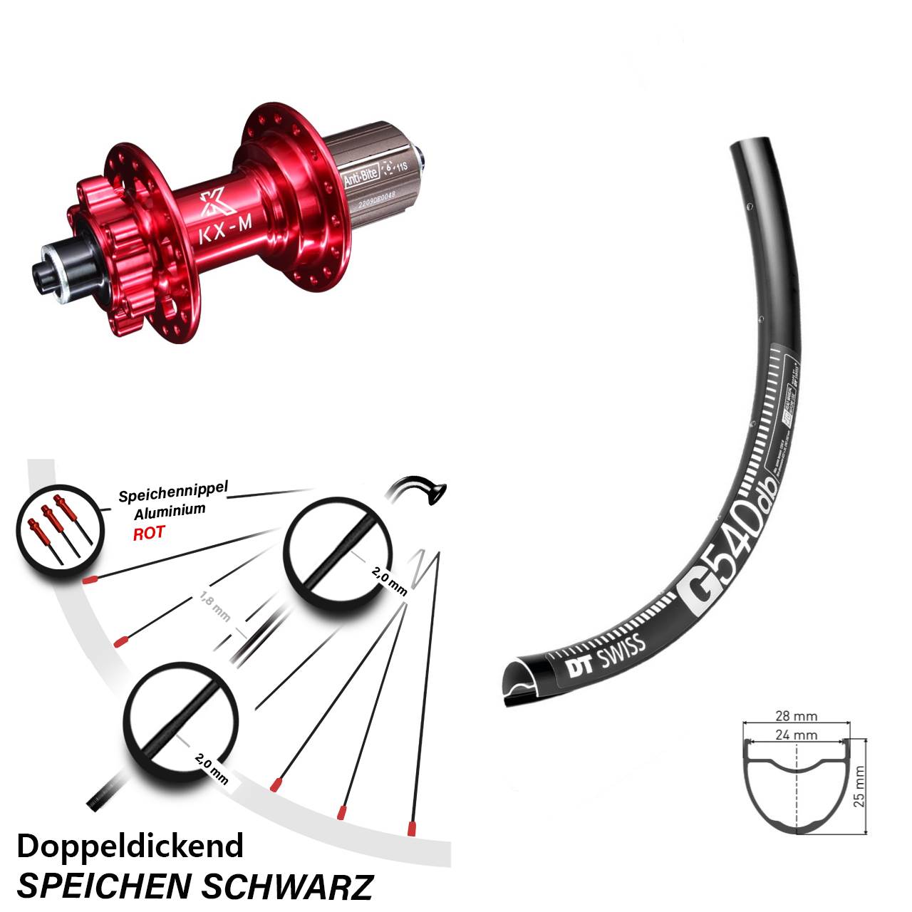 Gravel Hinterrad DT Swiss G 540 mit KX-M rot 5x135 mm 11-fach Nabe