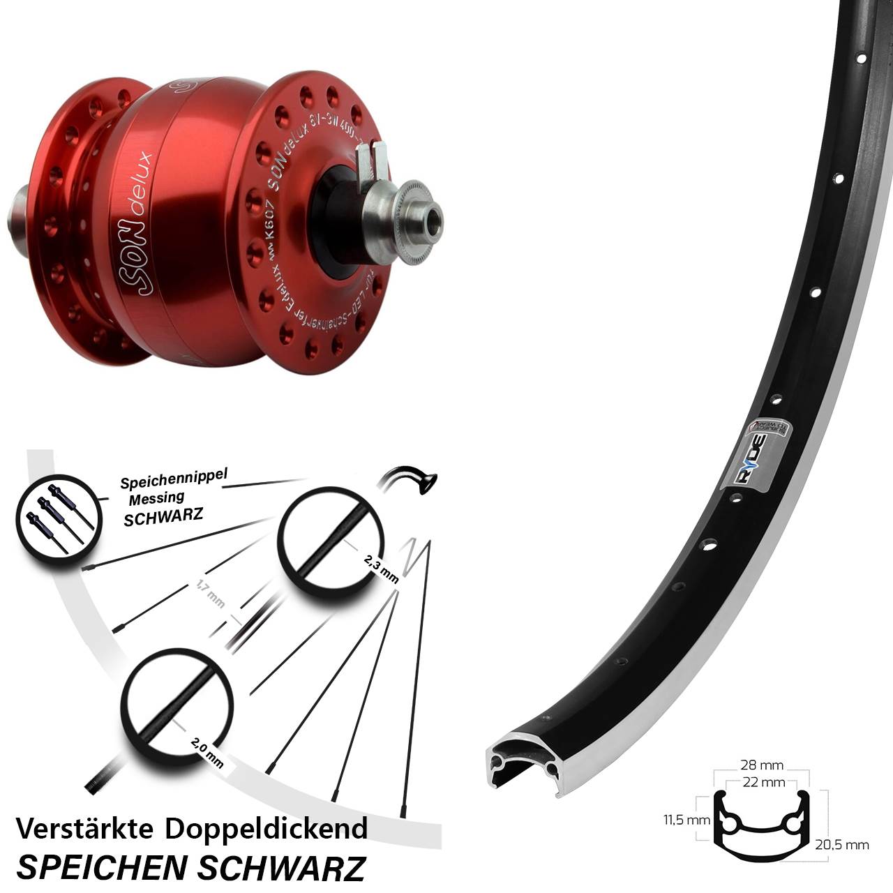 SON delux rot Ryde Andra 35 650B Vorderrad mit Nabendynamo QR