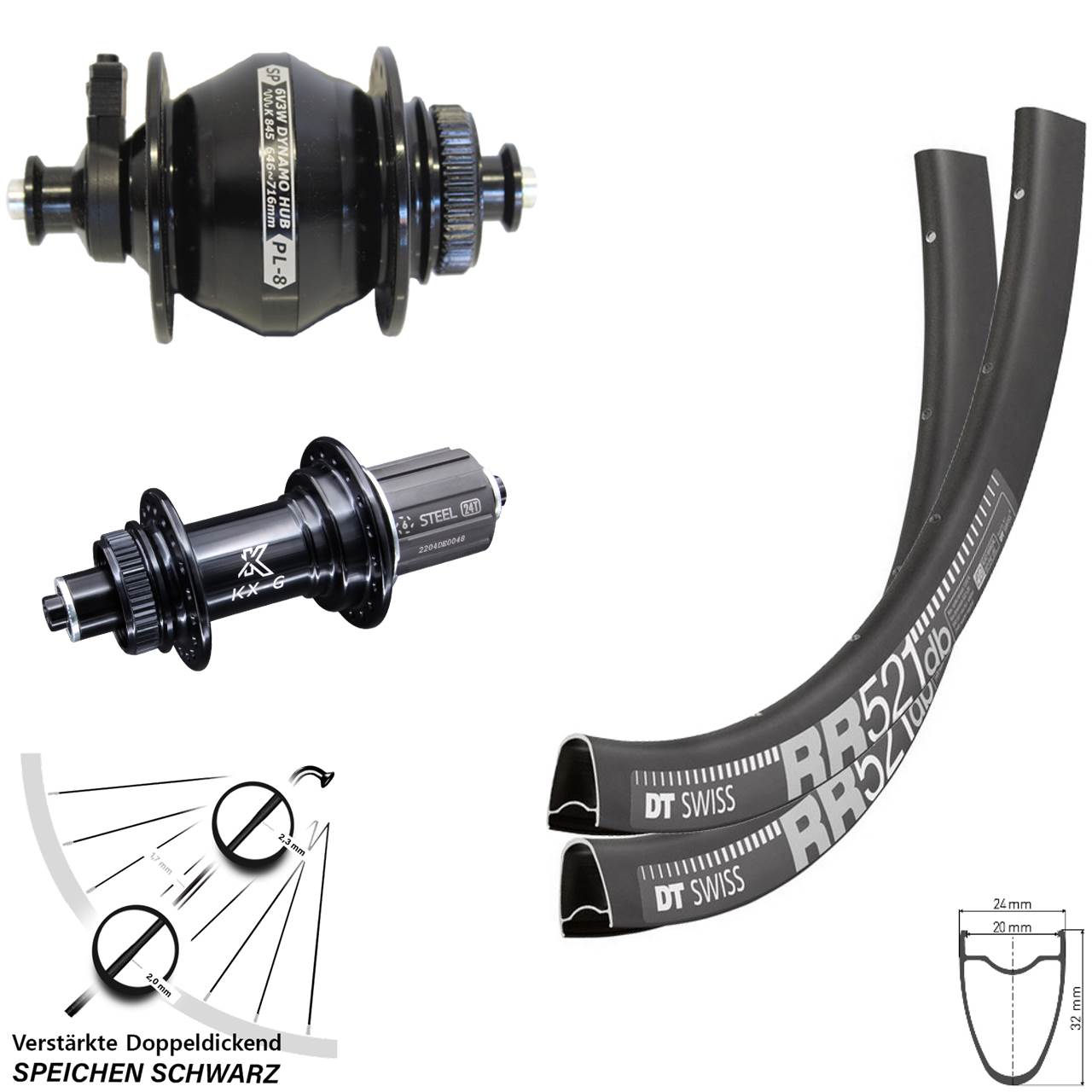28 Zoll DT Swiss RR521 KX-GS verstärkt Shutter PL-8 Disc Laufradsatz QR 8-12 fach HG