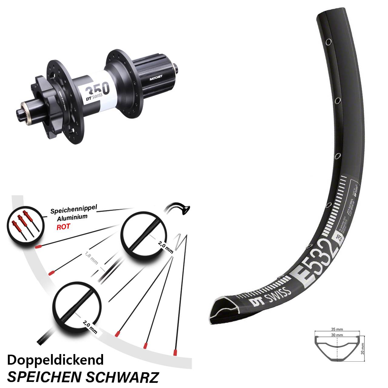 29 Zoll Hinterrad DT Swiss 350 11-fach und E 532 6-Loch