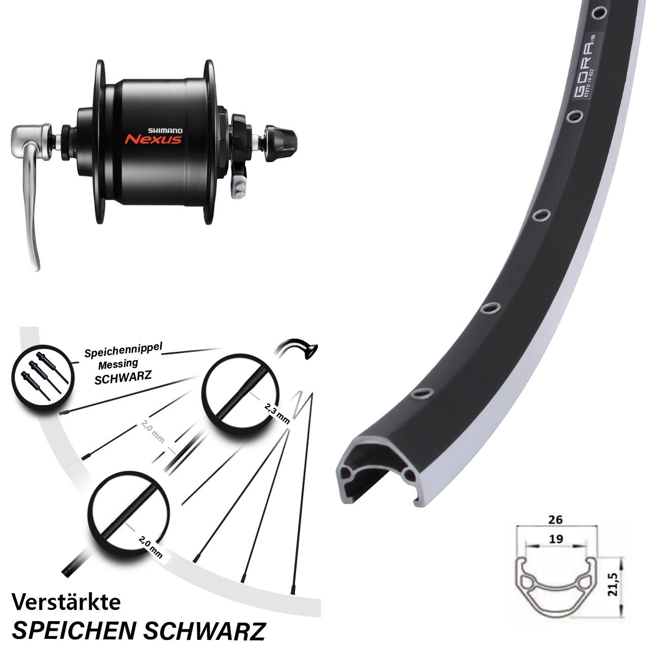 Nabendynamo-Vorderrad 28 Zoll Gora 19 Shimano Nexus DH-C3000 QR