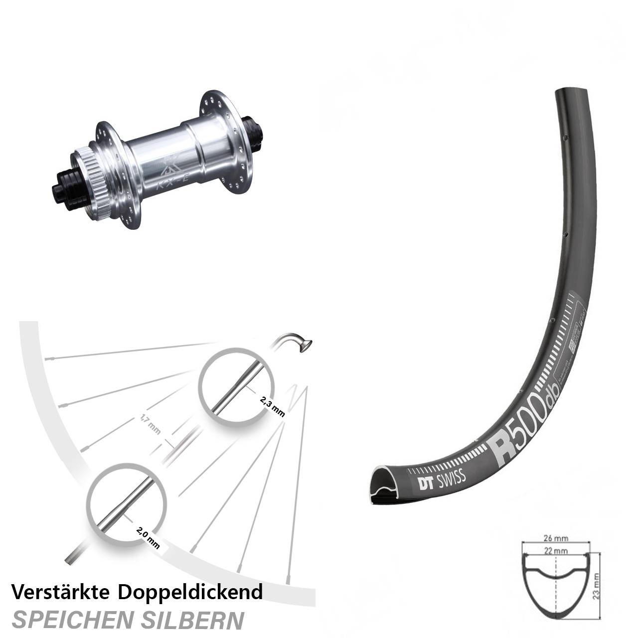 Disc DT Swiss R 500 Vorderrad 28 Zoll verstärkt KX-E silbern-eloxiert 5x100 mm Centerlock