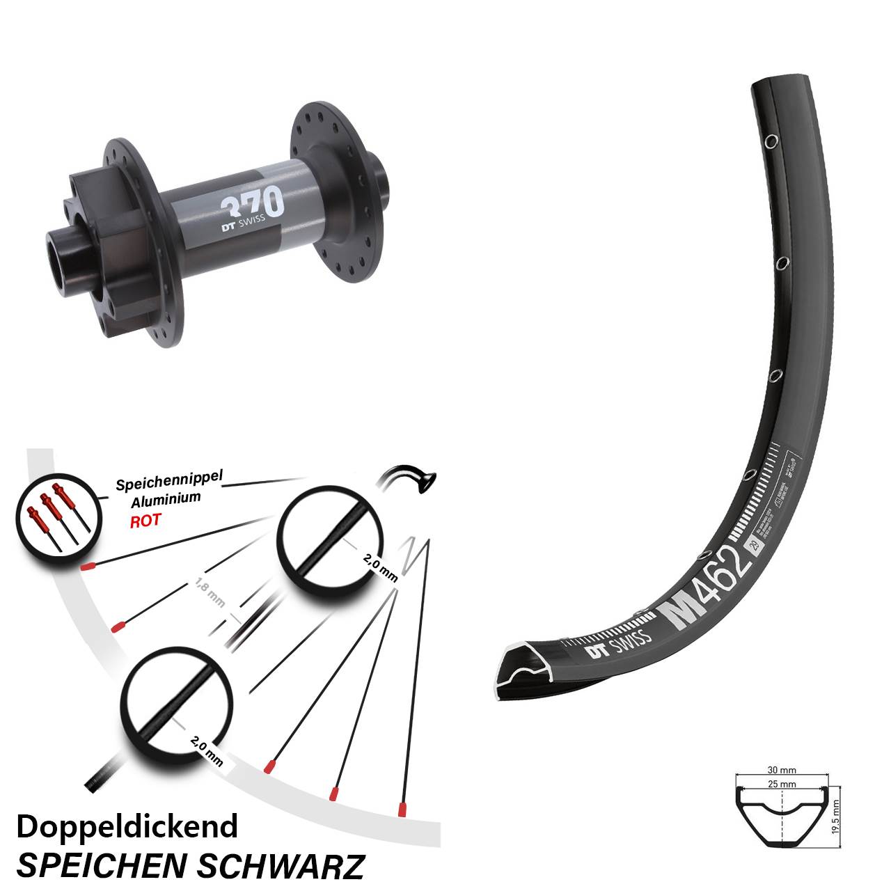 27,5 Zoll DT Swiss M 462 370 6-Loch Vorderrad 15x110 Boost