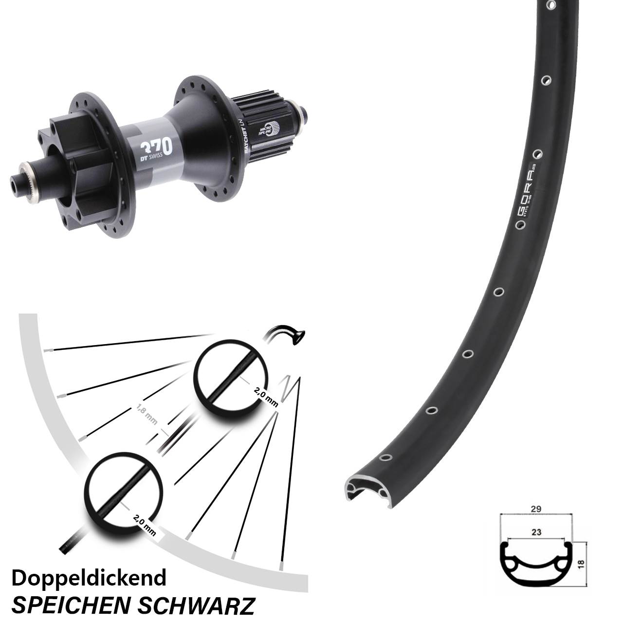 Gora 23 DT Swiss 370 29 Zoll 6-Loch Hinterrad QR Boost Micro Spline