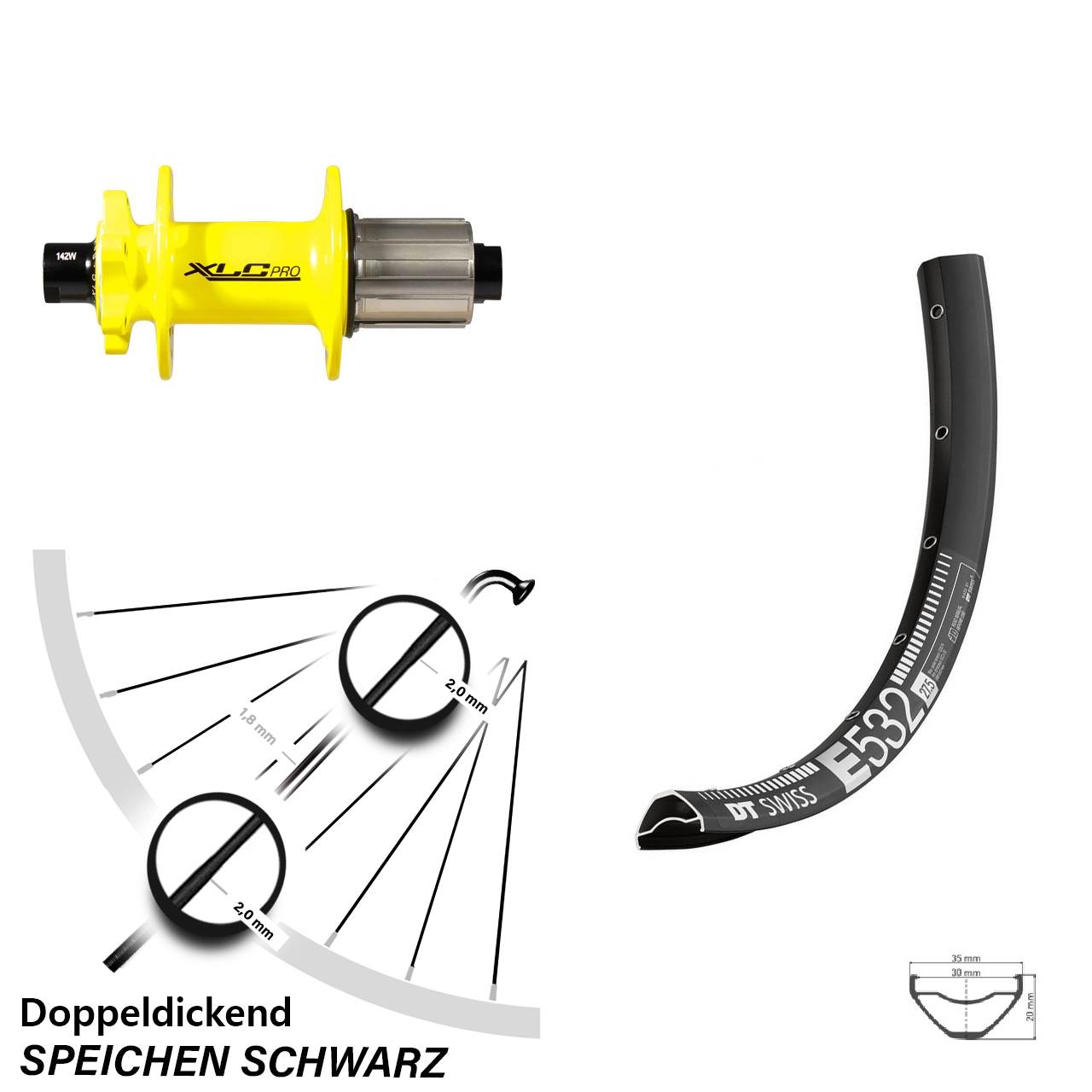 Disc Laufrad 29 Zoll DT Swiss E532 XLC gelb 8-11 fach 12x142