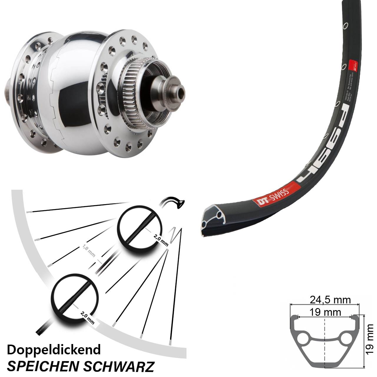 28-29 Zoll DT Swiss 466 SONdelux Dynamo-Vorderrad Centerlock für Schnellspanner