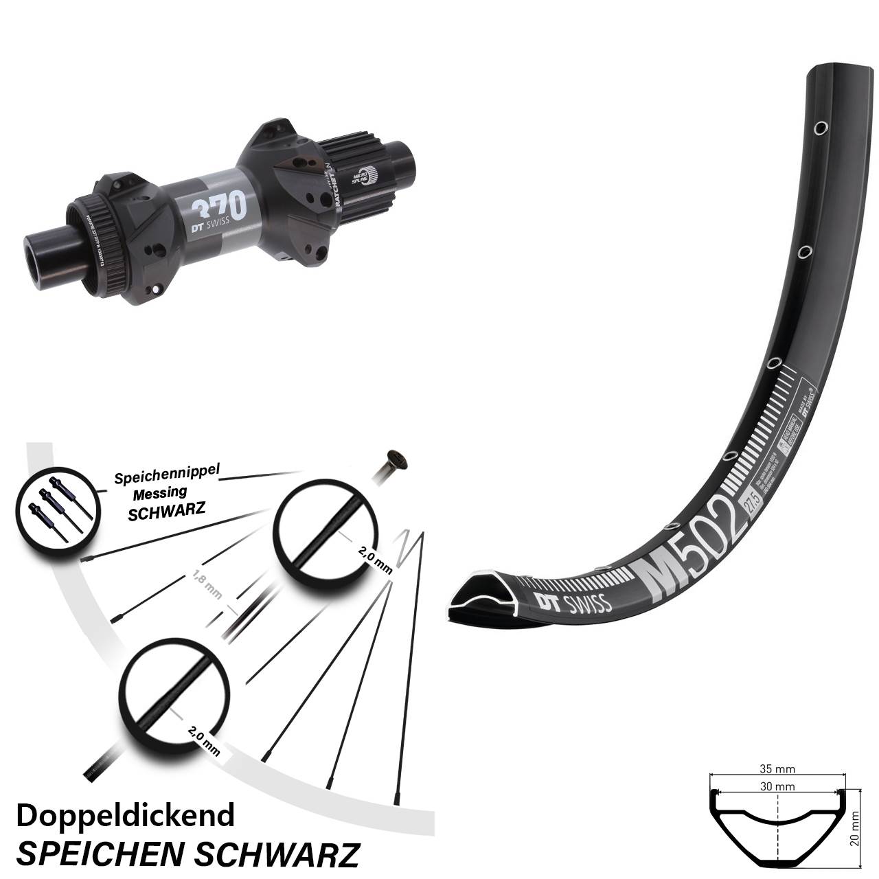 DT Swiss M 502-370 29 Zoll Centerlock Hinterrad 12x148 Micro Spline