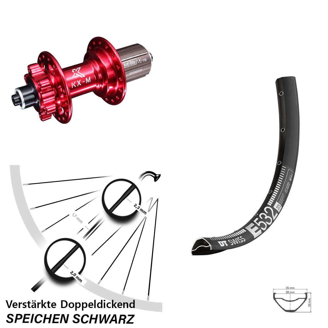 Disc Laufrad 29 Zoll DT Swiss E532 KX-M rot 8-12 fach für Schnellspanner