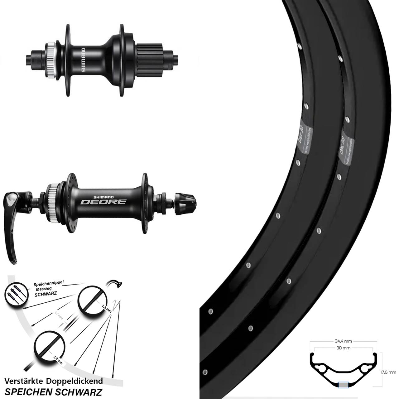 Laufrad-Satz 27,5 Zoll Ryde Disc 30 Shimano Deore MT500 Micro Spline QR