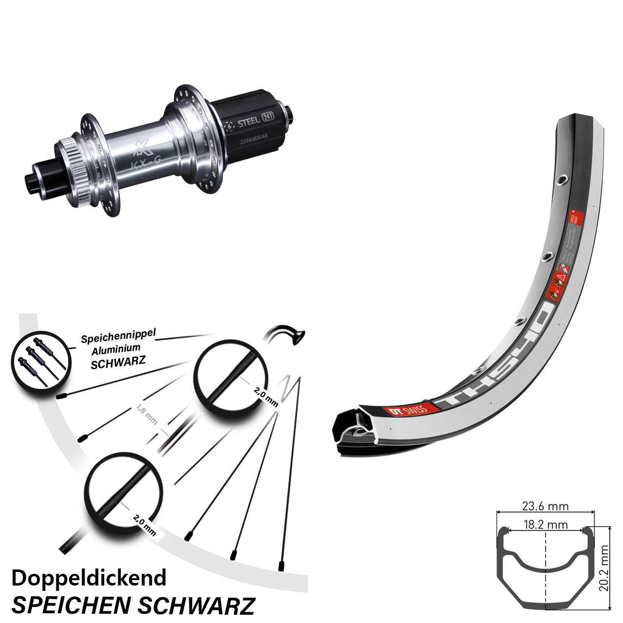 28 Zoll Hinterrad DT Swiss TK 540 Felgenbremse mit KX-GS silbern eloxiert Nabe 8-12 fach
