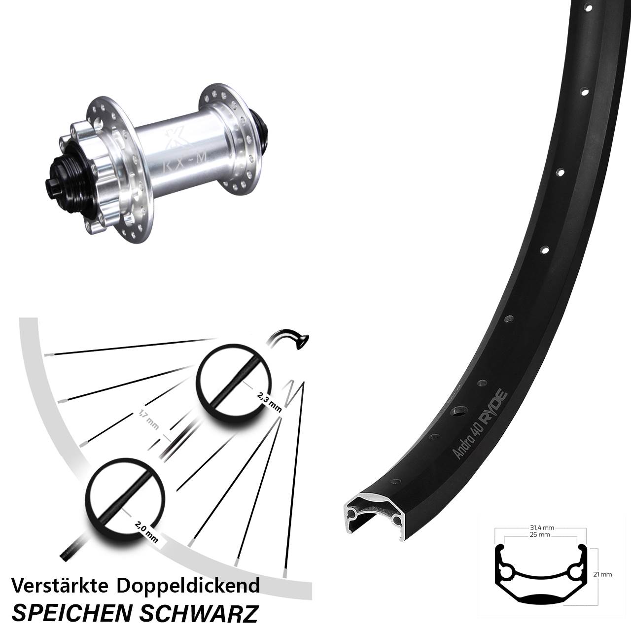Vorderrad 6-Loch 28-29 Zoll Ryde Andra 40 Disc KX-M für Schnellspanner