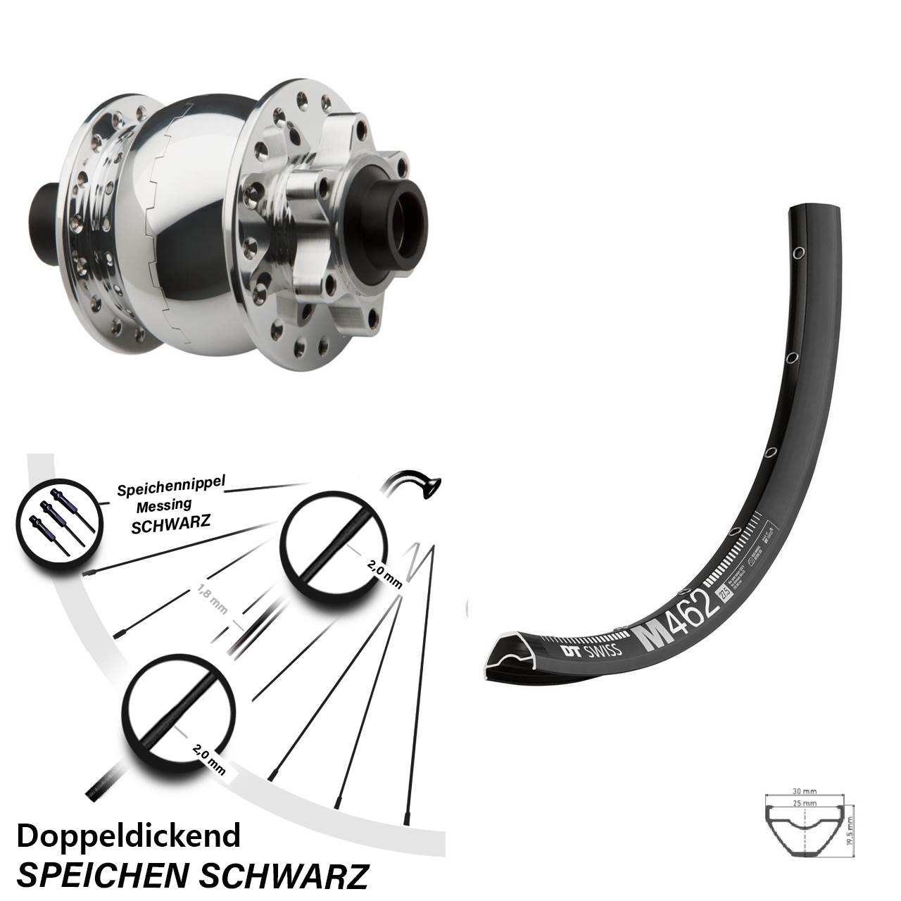 Nabendynamovorderrad 6-Loch 650B DT Swiss M 462 SON 28 silbern 15x100