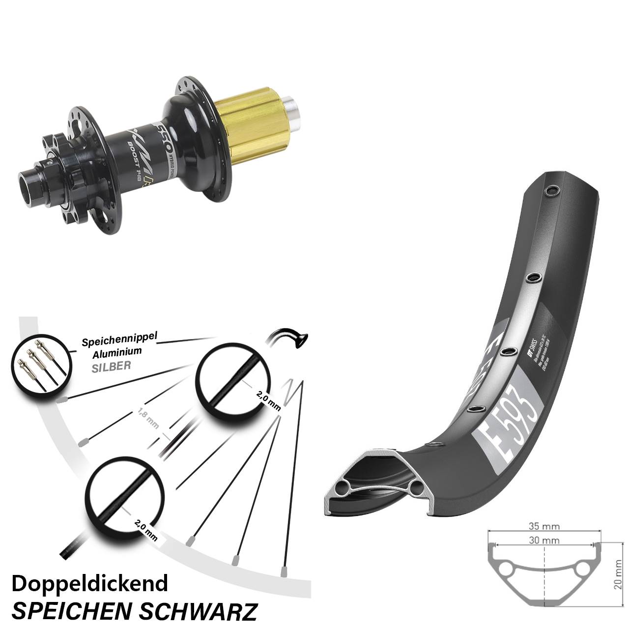Boost Hinterrad 6-Loch 12x148 27,5 Zoll DT Swiss E593 Miche XMH 550 8-11 fach HG