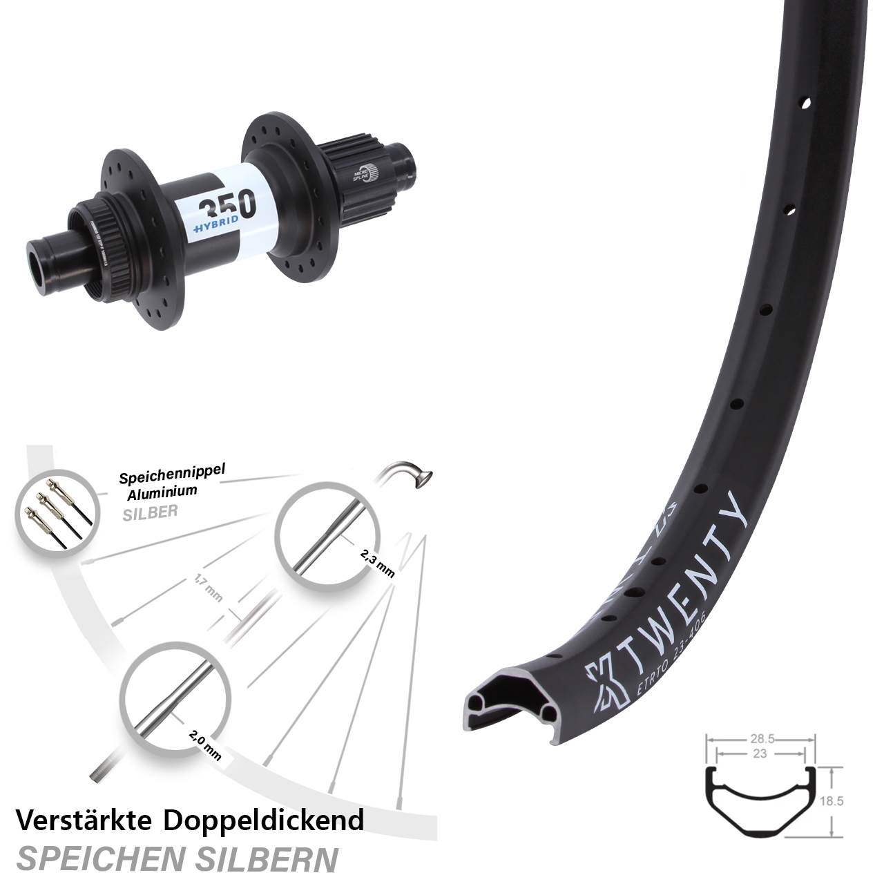 Hinterrad 20 Zoll KX Twenty DT Swiss Hybrid 350 Shimano Micro Spline Boost
