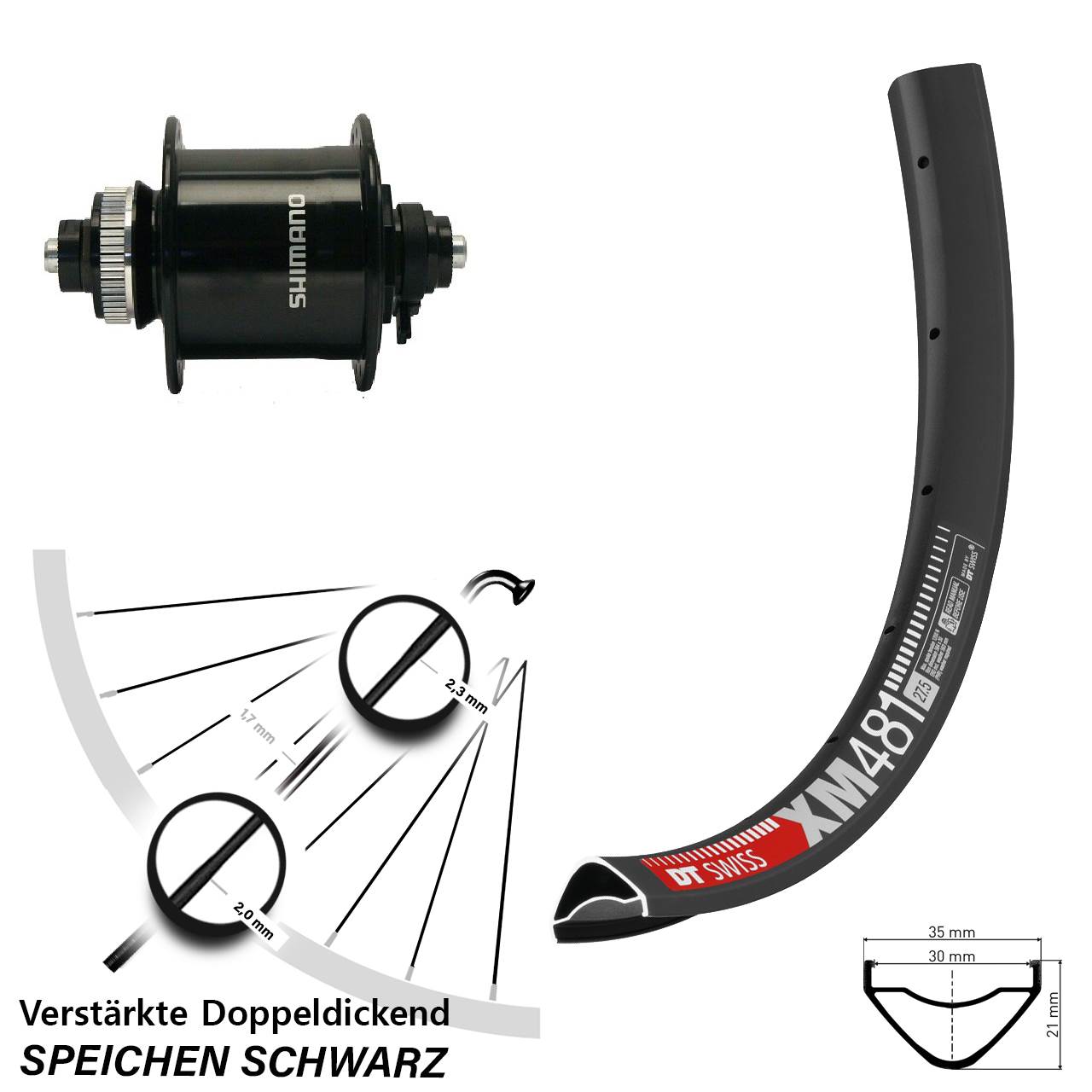 Centerlock Dynamo-Vorderrad QR 27,5 Zoll DT Swiss XM481 Shimano DH-UR700