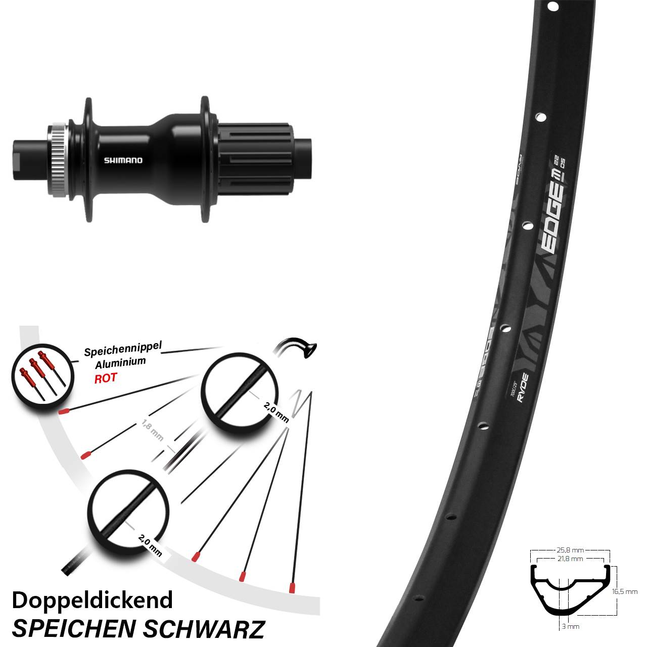 28-29 Zoll Ryde Edge M22 OS Shimano FH-TC500 Centerlock Hinterrad 12x142 11-12 fach HG