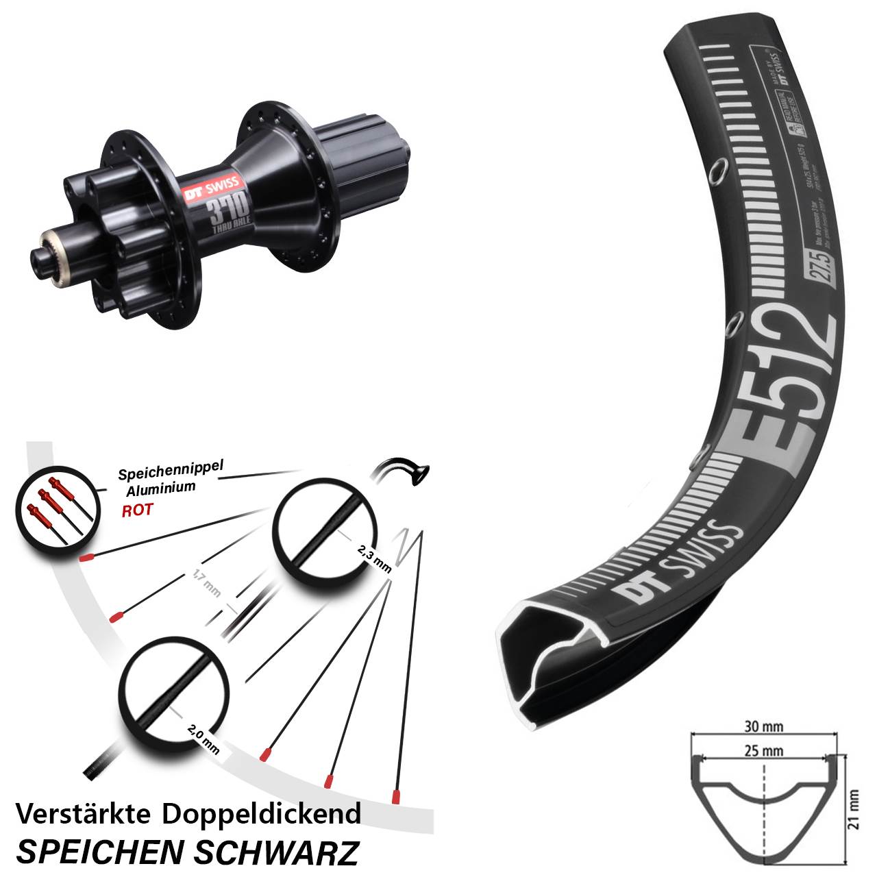 29 Zoll DT Swiss E 512 DT Swiss 370 6-Loch Hinterrad für Schnellspanner 8-11 fach HG