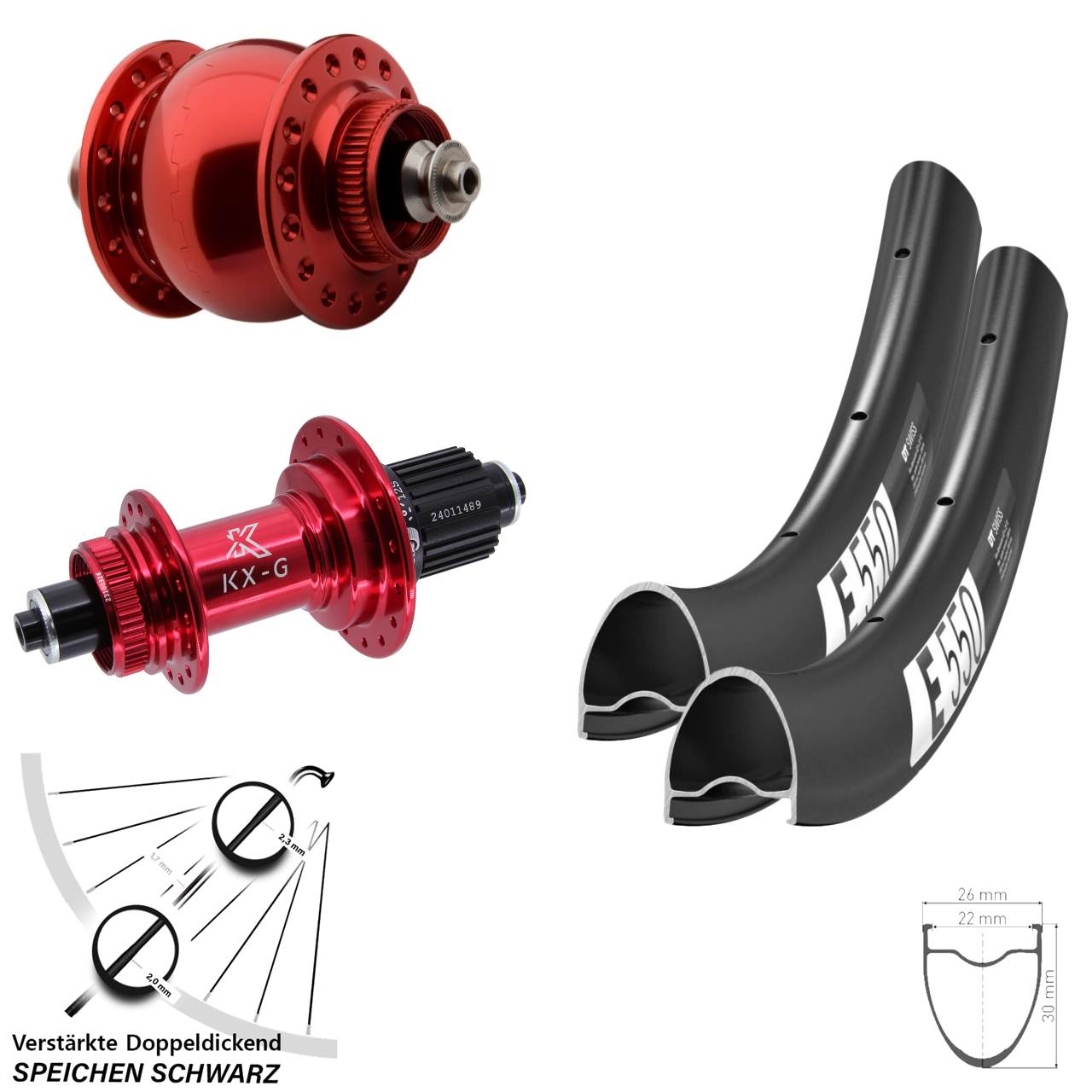 Disc Laufradsatz QR 28 Zoll DT Swiss E550 KX-G SON delux rot Shimano Micro Spline