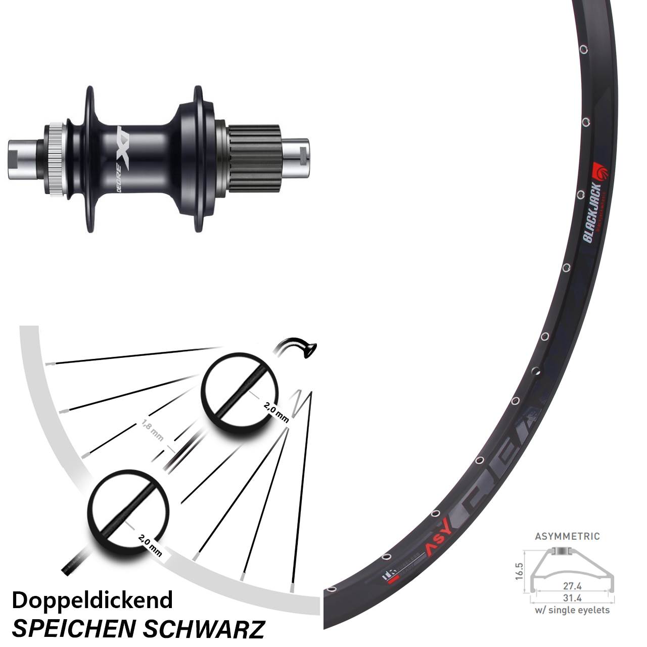 27,5 Zoll Hinterrad Rodi Ready 27 OS Shimano Deore XT Steckachse 12x142 mm