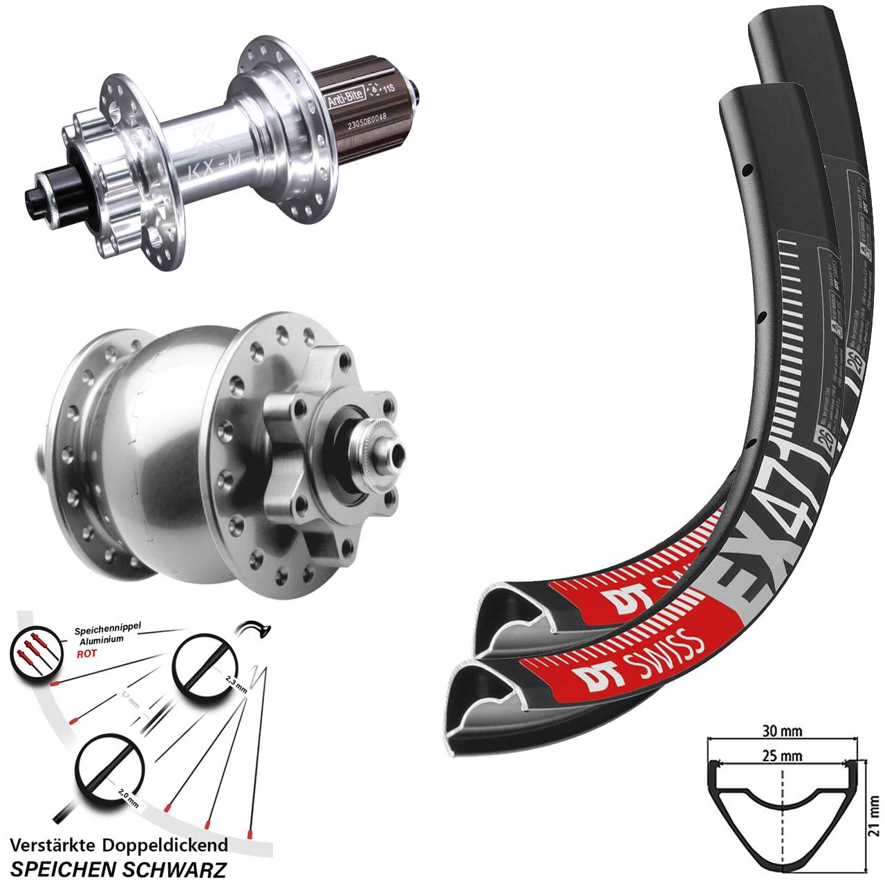 27,5 Zoll DT Swiss EX 471 KX-M SON 28 Disc Laufradsatz QR 8-12 fach