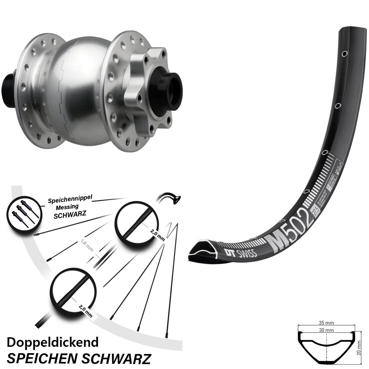 Disc Laufrad mit Nabendynamo 29 Zoll DT Swiss M502 SON 28 silbern 15x110 Boost