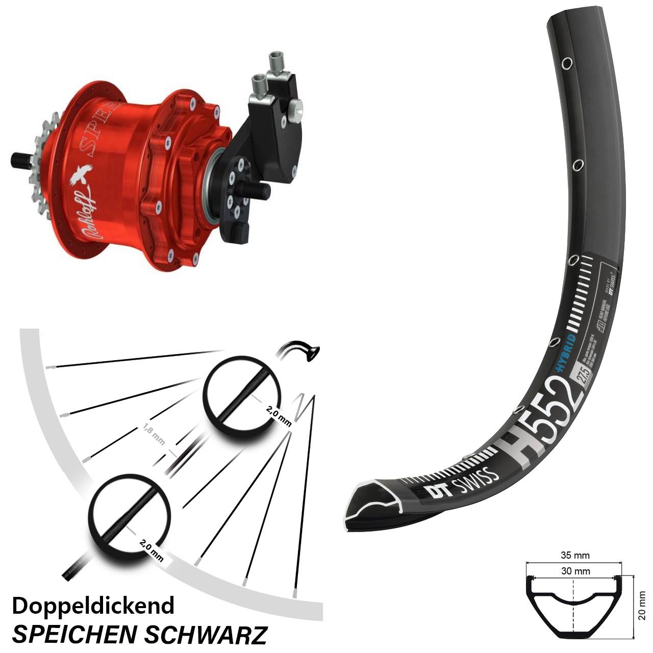 Disc Laufrad 29 Zoll DT Swiss H552 Rohloff 500/14 TS DB OEM Tandem rot