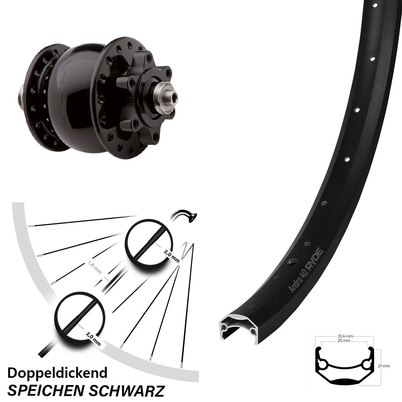 Vorderrad Ryde Andra 40 Disc Nabendynamo SON 28-29 Zoll 6-Loch schwarz