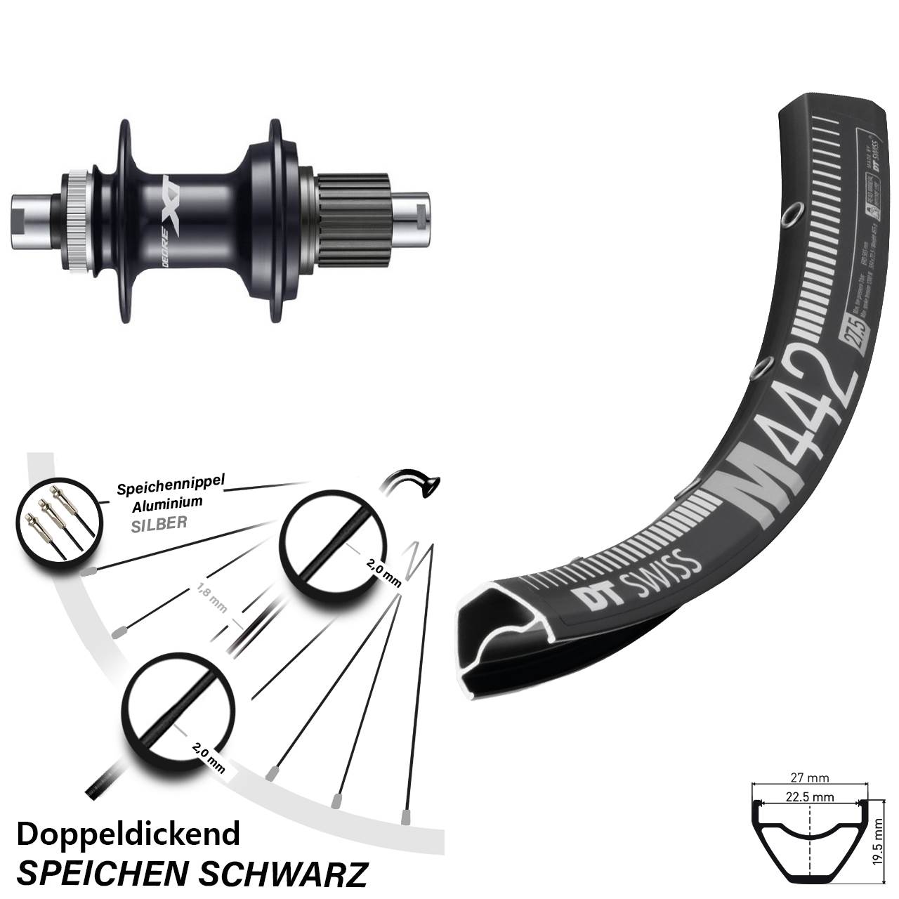 29 Zoll Hinterrad Shimano Deore XT DT Swiss M 442 Centerlock Micro Spline 12x142 mm