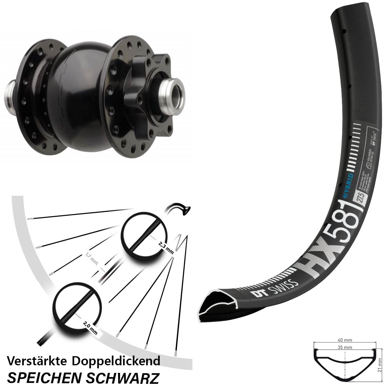 Disc Vorderrad mit Nabendynamo 27,5 Zoll DT Swiss HX581 SON 28 12x110 Boost
