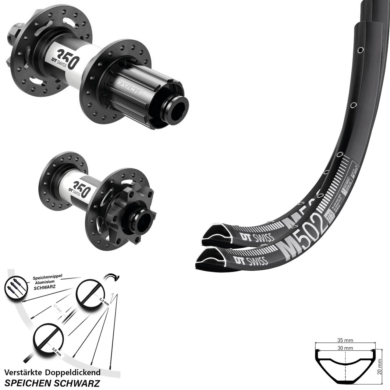 29 Zoll DT Swiss M 502-350 Laufradsatz 6-Loch 15x100 12x142 8-11 fach