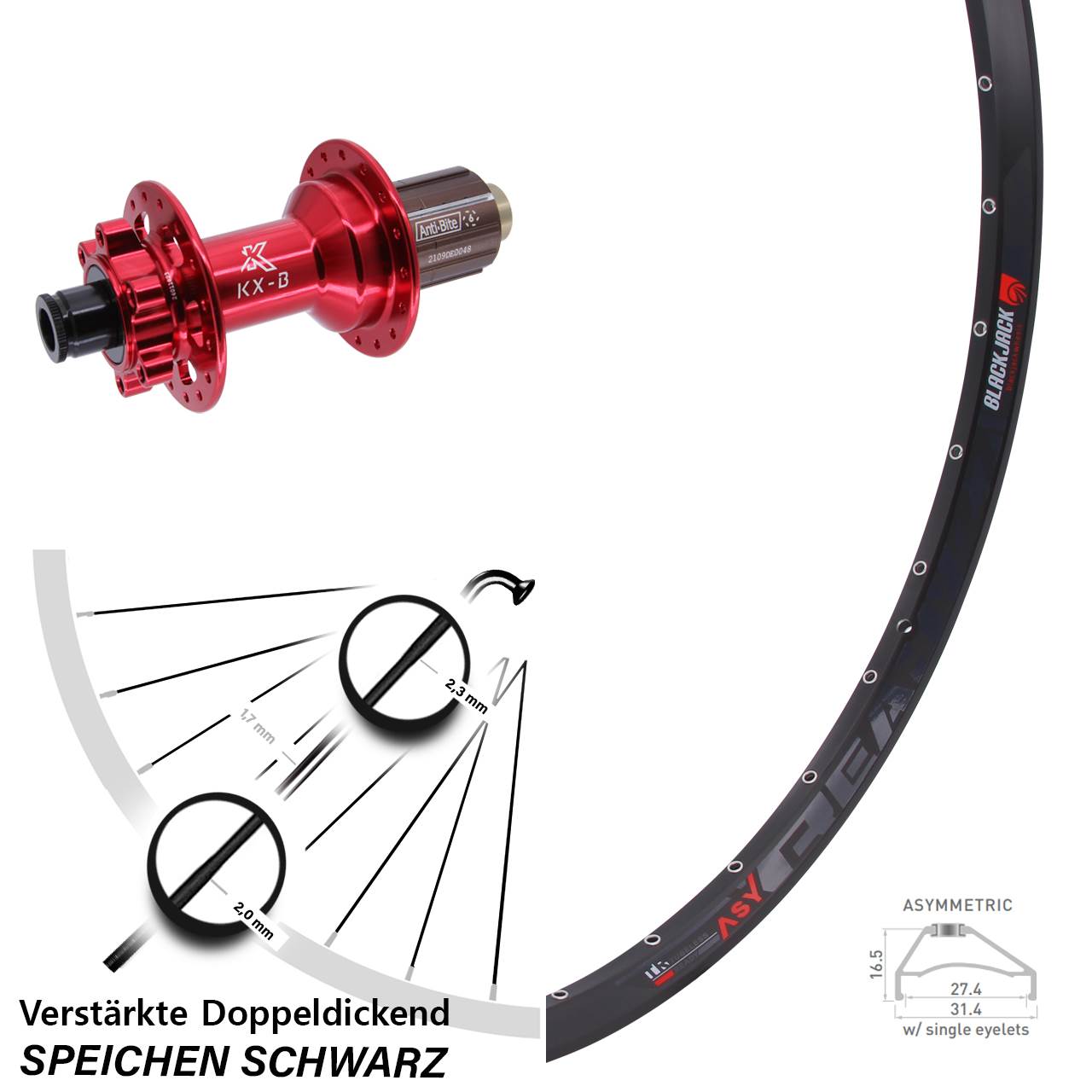 Rodi Ready 27 KX-B rot 650B 6-Loch Hinterrad 12x148 Boost 8-12 fach HG