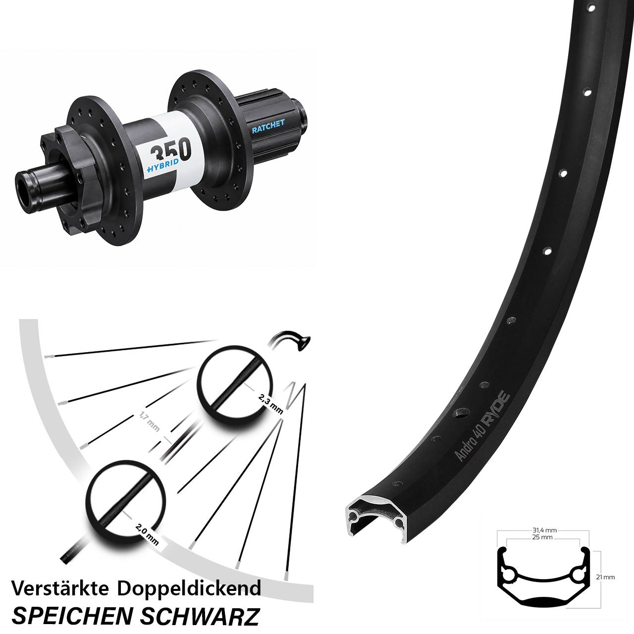 Hinterrad 6-Loch 28 Zoll Ryde Andra 40 Disc DT Swiss 350 Hybrid 8-11 fach 12x148 Boost