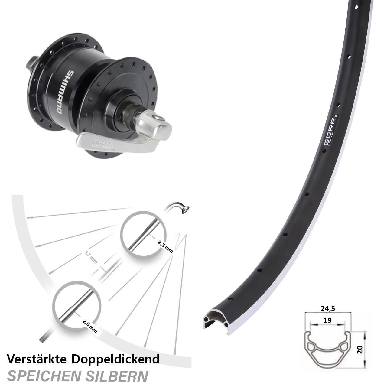 Gora 19 Shimano DH3N72 26 Zoll Vorderrad mit Nabendynamo QR