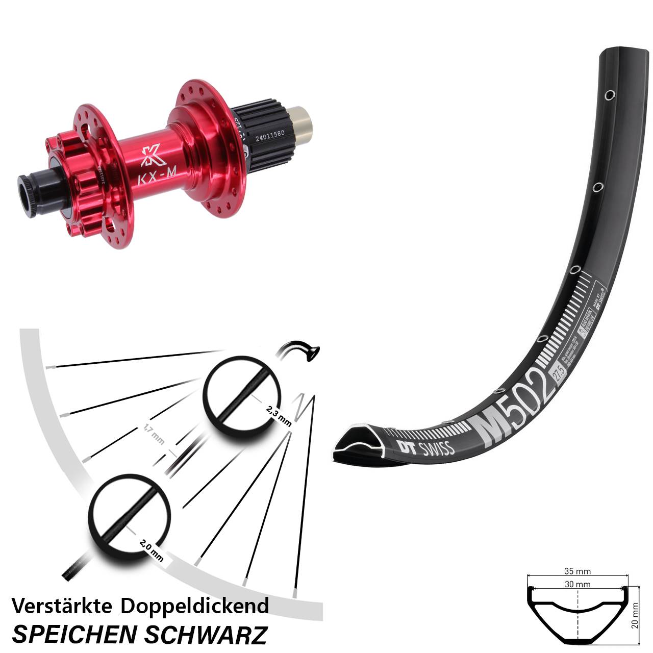 29 Zoll DT Swiss M502 KX-M rot Disc Hinterrad 12x142 Micro Spline