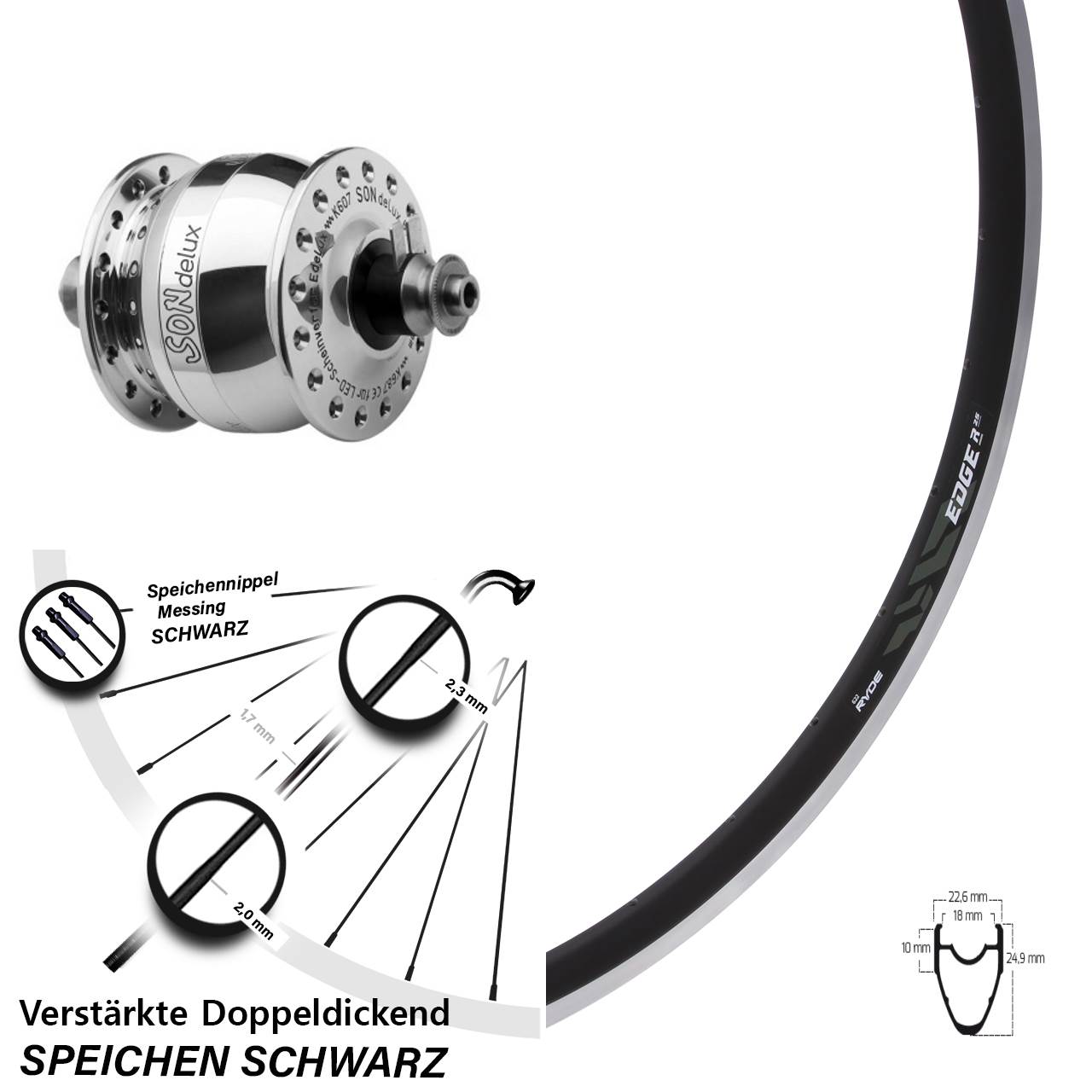 SONdelux poliert Ryde Edge R25 28 Zoll Laufrad mit Nabendynamo QR