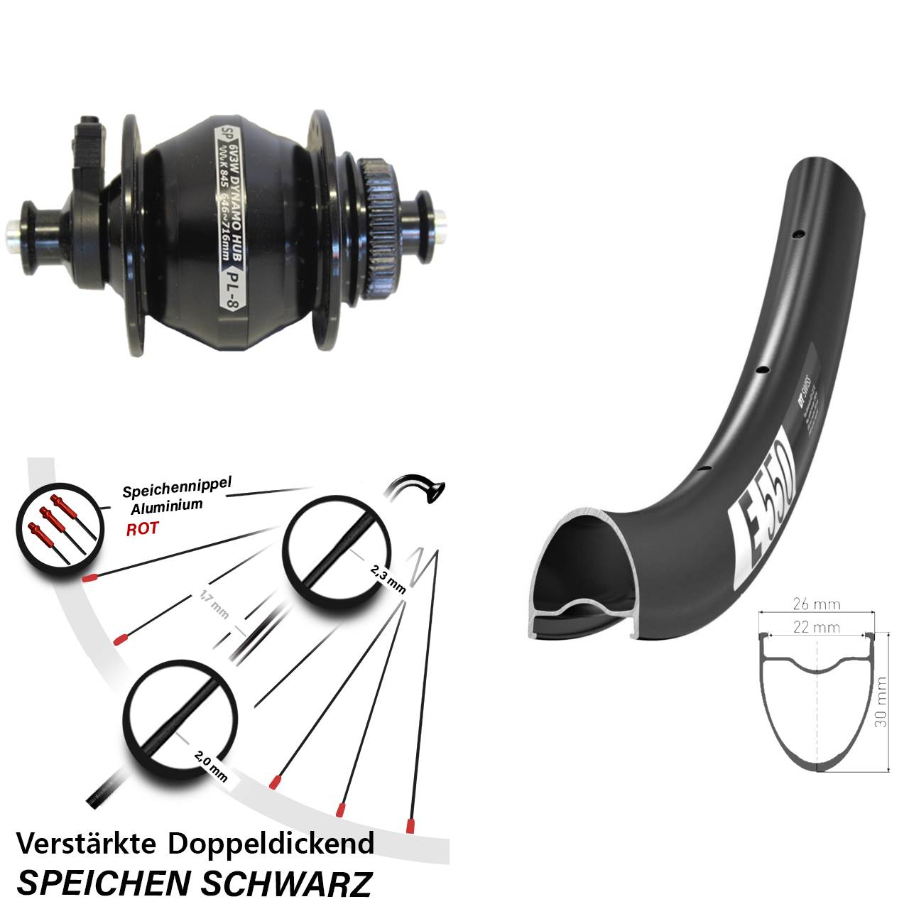 Disc Laufrad mit Nabendynamo für Schnellspanner 28 Zoll DT Swiss E 550 Shutter PL-8