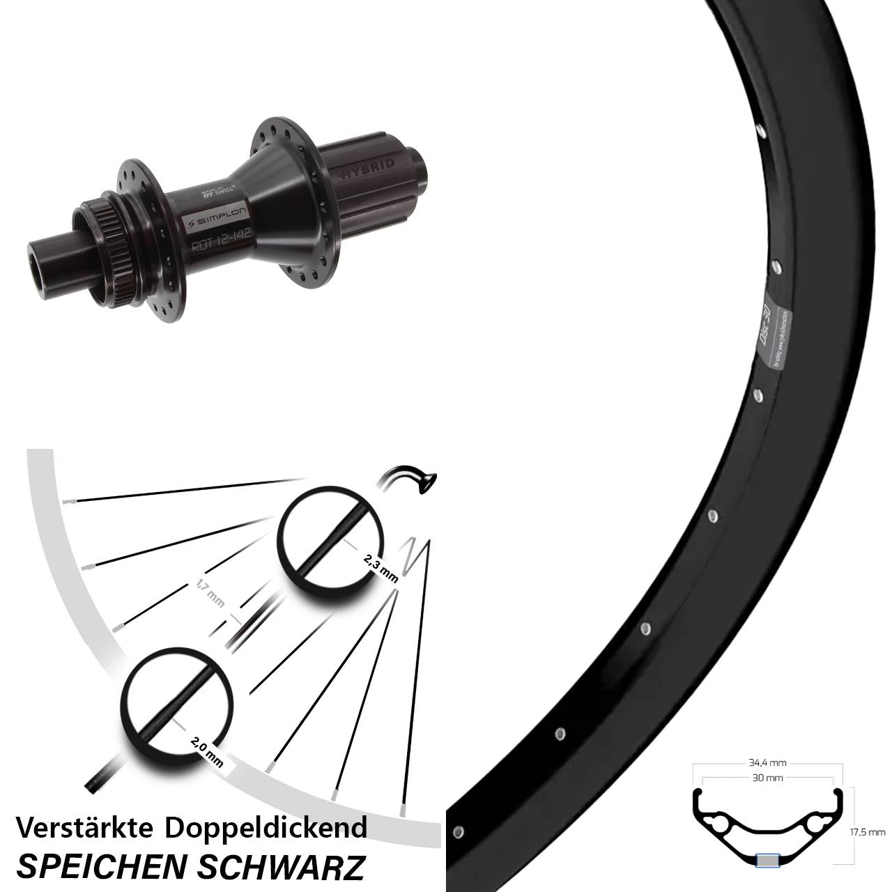 Hinterrad Centerlock 12x142 29 Zoll Ryde Disc 30 DT Swiss 370 Hybrid 8-11 fach HG